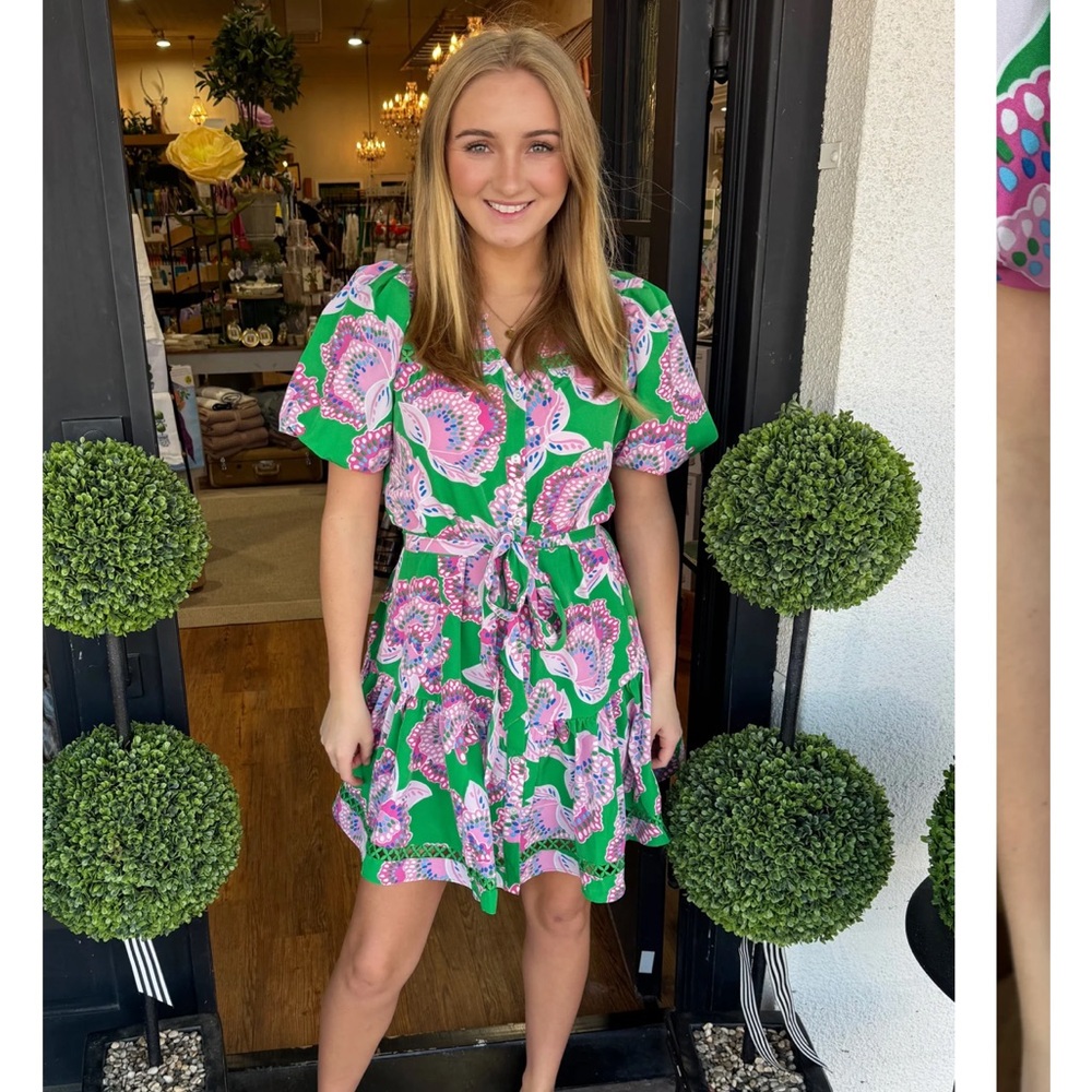 Mary Square Pink and Green Mini Sundress